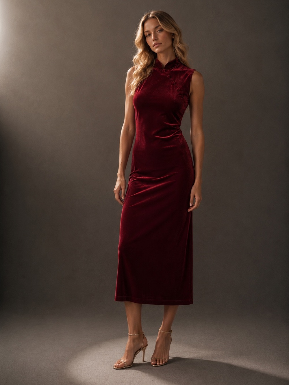 Tower Made in USA Silk Velvet Mandarin Midi Dress